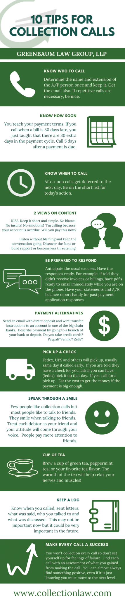 10 Tips for Collection Calls | Infographic | Greenbaum Law Group, LLP
